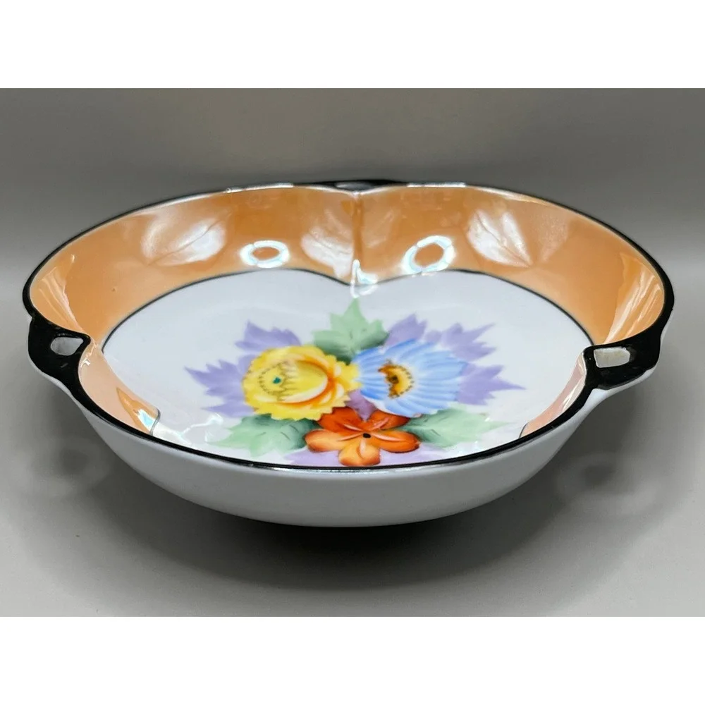 Noritake Porcelain Hand Painted Floral Lusterware Trefoil‎ Candy Dish Bowl Vtg